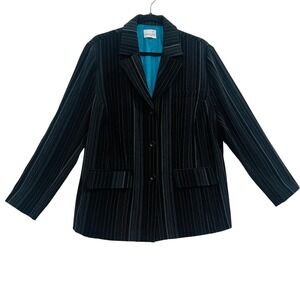 Vanity Fair Plus Mens Black Pinstripe Blazer Teal Lining 3-Button Jacket XL